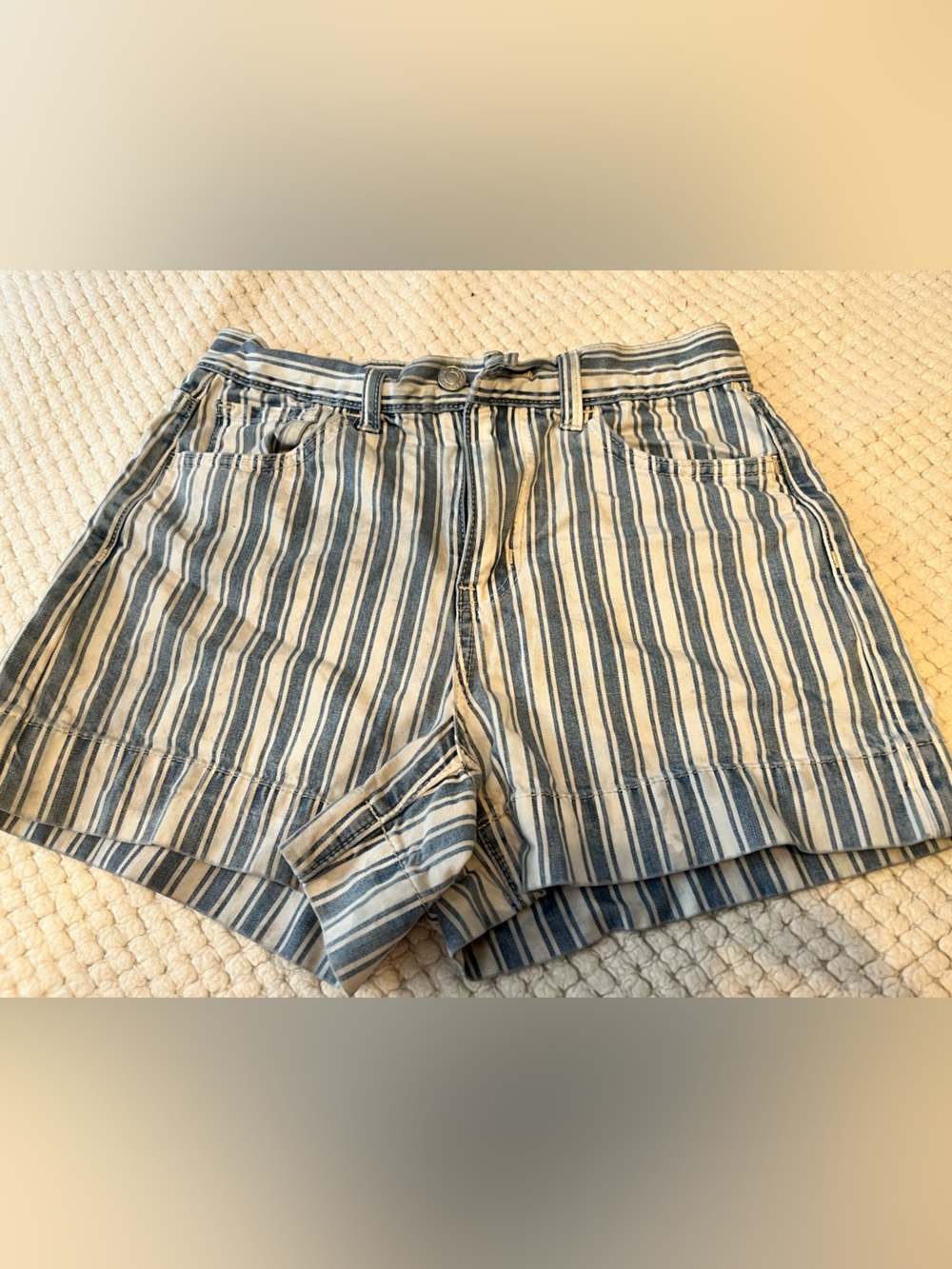 American Eagle Outfitters Blue and White Striped High-Rise Shorts